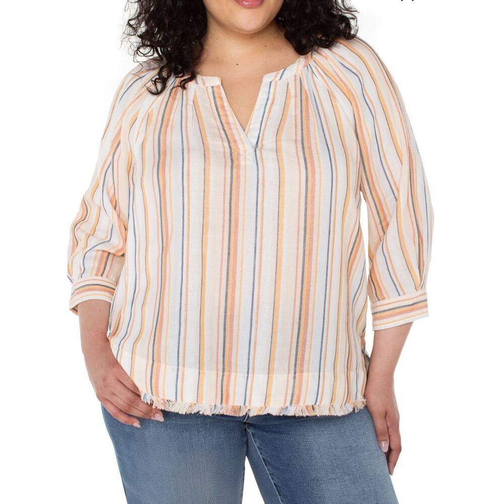 Liverpool Striped Peach & Blue Variegated Striped Peasant spilt neck NWT size 2X